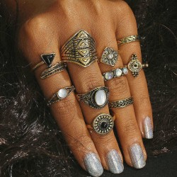 10 Pcs Women Vintage Gift Ring Set Rhinestones Gem Knuckle Rings Jewelry
