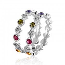 2 Pcs of Trendy Rings Platinum Plated Colourful Rhinestones Women Ring