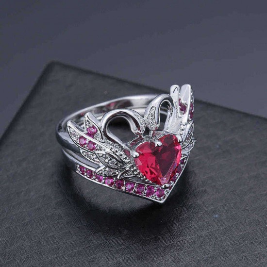 2 Pcs/set Sweet Swan Heart Zirconia Engagement Wedding Ring Unique Gift for Women Girls