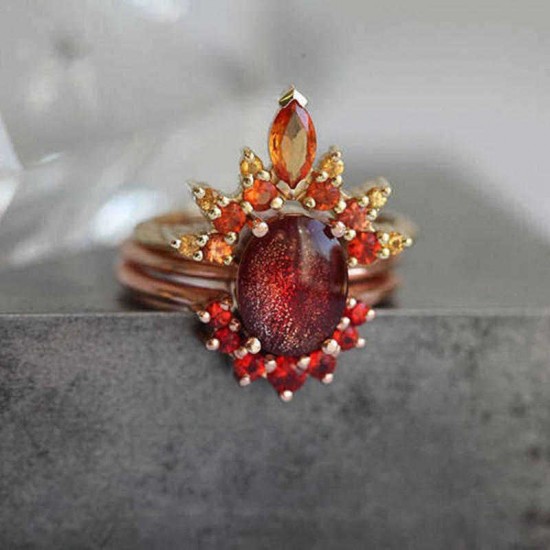3 Pcs/set Stylish Women Stackable Rings Ruby Crystal Flower Charm Bohemian Ring Sets for Women