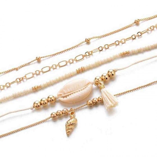 5 Pcs Bohemian Multilayer Gold Bracelet Set Shell Conch Bead Chain Charm Bracelet for Women