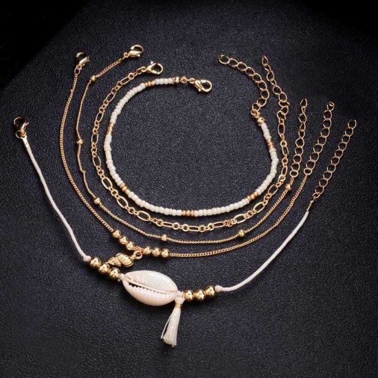 5 Pcs Bohemian Multilayer Gold Bracelet Set Shell Conch Bead Chain Charm Bracelet for Women
