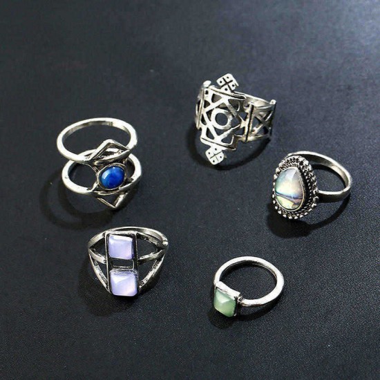 5 Pcs Stylish Bohemian Geometric Alloy Resin Ring Set Jewelry for Women
