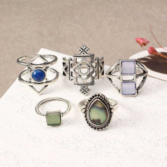 5 Pcs Stylish Bohemian Geometric Alloy Resin Ring Set Jewelry for Women