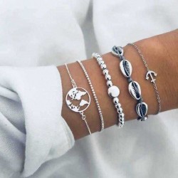 5-piece Simple Fashion Metal Shell Map Silver Beads Anchor Bracelet