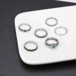 6 Pcs/Set Ethnic Antique Silver Rhinestone Heart Shape Finger Ring Geometry Knuckle Ring for Women