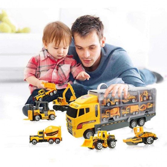 6/12 PCS 11 In 1 Diecast Construction Truck Vehicle Car Model Toy Set Play Vehicles in Carrier Truck