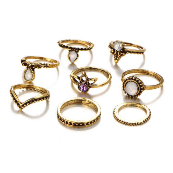 8 Pcs Women Trendy Gift Ring Set Vintage Crystal Geometric Gem Casual Knuckle Rings