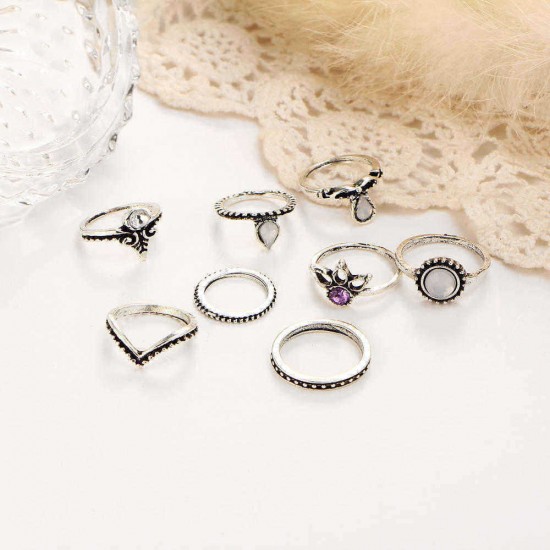 8 Pcs Women Trendy Gift Ring Set Vintage Crystal Geometric Gem Casual Knuckle Rings