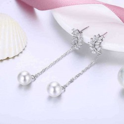 925 Sterling Silver Earrings Zircon Leaf Pearl Tassel Dangle Earring for Women