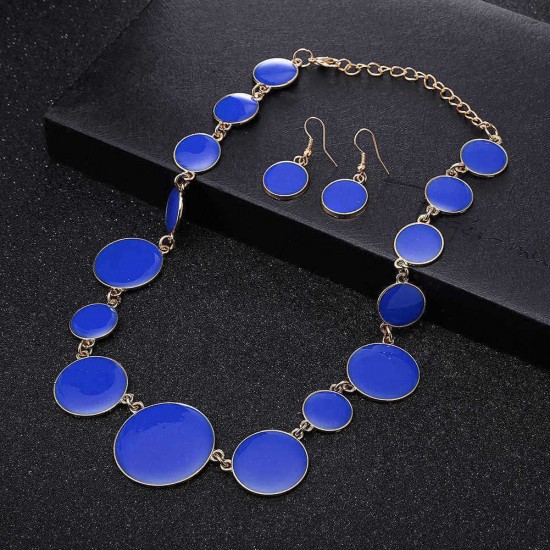 Blue Enamel Round Flat Necklace Earrings Jewelry Set Simple Style for Women