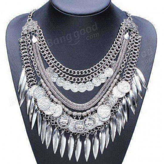 Bohemia Multilayer Coins Leaves Tassel Pendant Statement Necklace