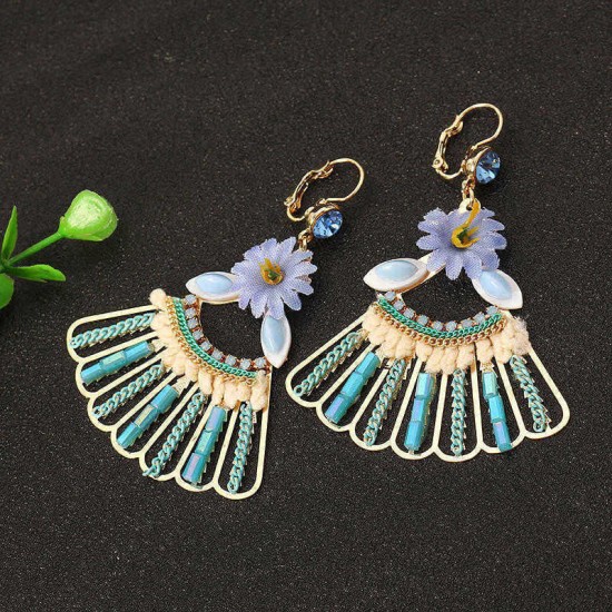 Bohemian 14K Gold Plated Peacock Tail Shape Flower Ear Drop Elegant Blue Opal Earrings for Women