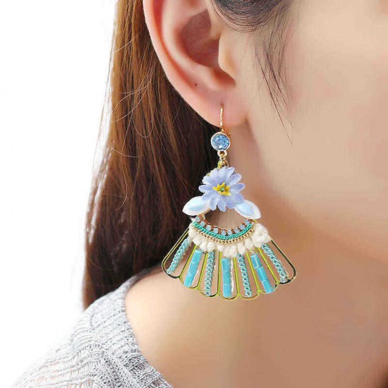 Bohemian 14K Gold Plated Peacock Tail Shape Flower Ear Drop Elegant Blue Opal Earrings for Women