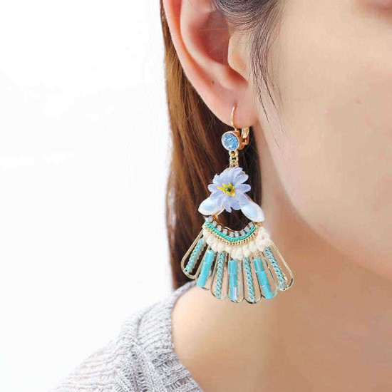 Bohemian 14K Gold Plated Peacock Tail Shape Flower Ear Drop Elegant Blue Opal Earrings for Women