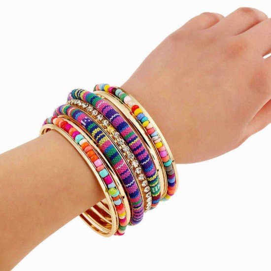 Bohemian Bead Fabric Rhinestone Multilayer Metal Bangle Bracelet