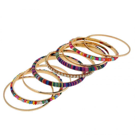 Bohemian Bead Fabric Rhinestone Multilayer Metal Bangle Bracelet