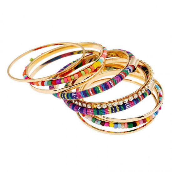 Bohemian Bead Fabric Rhinestone Multilayer Metal Bangle Bracelet