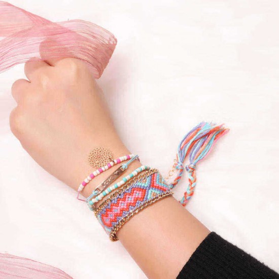 Bohemian Colorful Wave Weave Chain Rhinestone Flower Tassels Love Charm Bracelet for Women