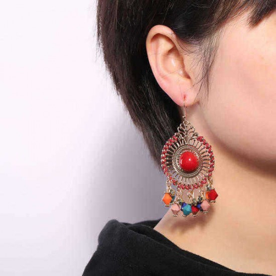 Bohemian Colorful Women's Bead Tassel Drop Earrings Ethnic Big Disc Dangle Earrings for Women