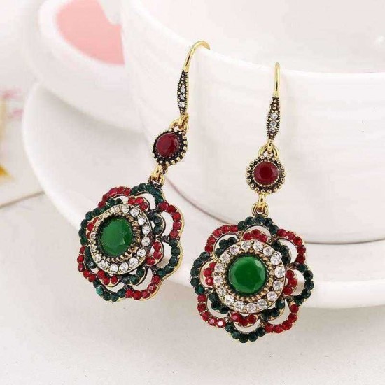 Bohemian Diamond Flower Ear Drop Ethnic Style Rhinestone Ear Drop Earring For Women