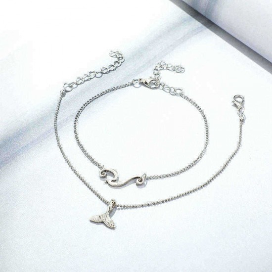 Bohemian Double-layer Silver Anklets Wavy Mermaid Tail Pendant Chain Anklet Vintage Jewelry