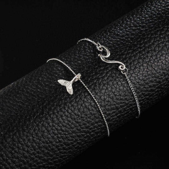 Bohemian Double-layer Silver Anklets Wavy Mermaid Tail Pendant Chain Anklet Vintage Jewelry