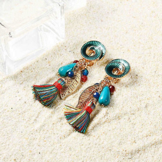 Bohemian Earrings Rainbow Tassel Leaf Pendant Conch Charm Exquisite Gold Plated Boho for Women