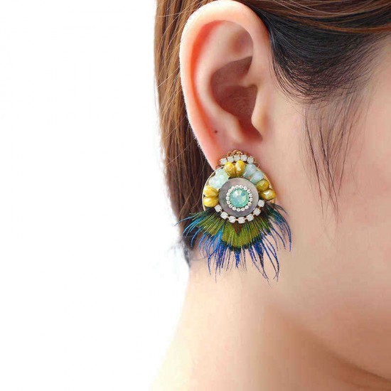 Bohemian Ethnic Earrings 14K Gold Plated Feather Opal Statement Retro Round Ear Clip for Women Gift