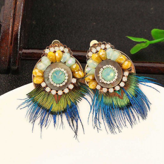 Bohemian Ethnic Earrings 14K Gold Plated Feather Opal Statement Retro Round Ear Clip for Women Gift