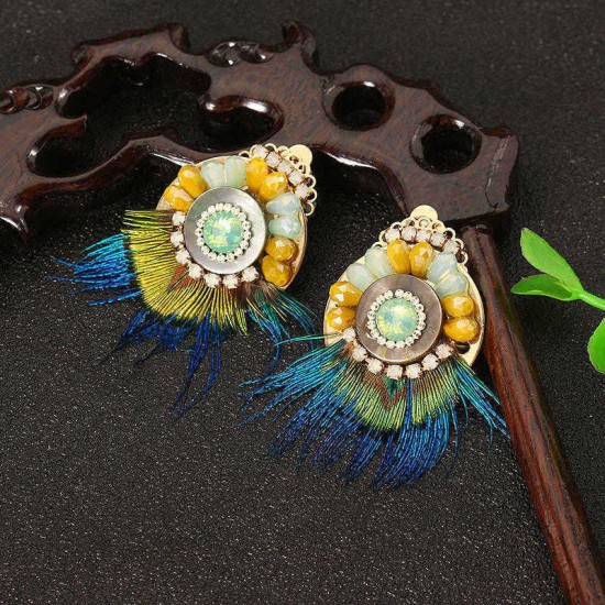 Bohemian Ethnic Earrings 14K Gold Plated Feather Opal Statement Retro Round Ear Clip for Women Gift