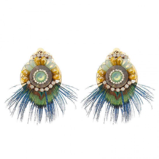 Bohemian Ethnic Earrings 14K Gold Plated Feather Opal Statement Retro Round Ear Clip for Women Gift