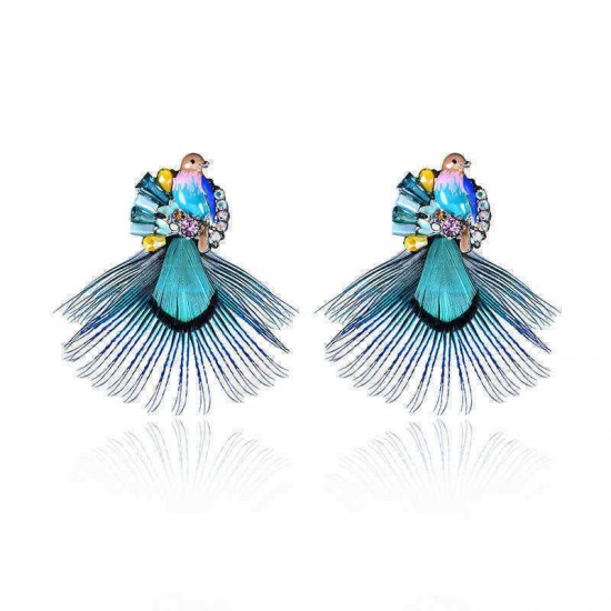 Bohemian Ethnic Style Feather Earrings 14K Gold Plated Bird Charm Gemstone Eardrop Gift for Women