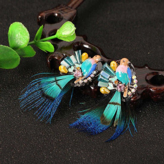 Bohemian Ethnic Style Feather Earrings 14K Gold Plated Bird Charm Gemstone Eardrop Gift for Women