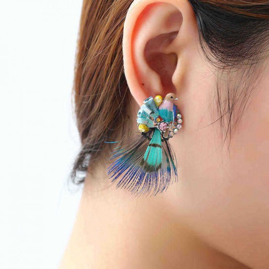 Bohemian Ethnic Style Feather Earrings 14K Gold Plated Bird Charm Gemstone Eardrop Gift for Women