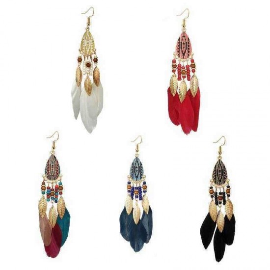 Bohemian Feather Drop Earrings Long-Style Tassels Earring Retro Women Ear Drop