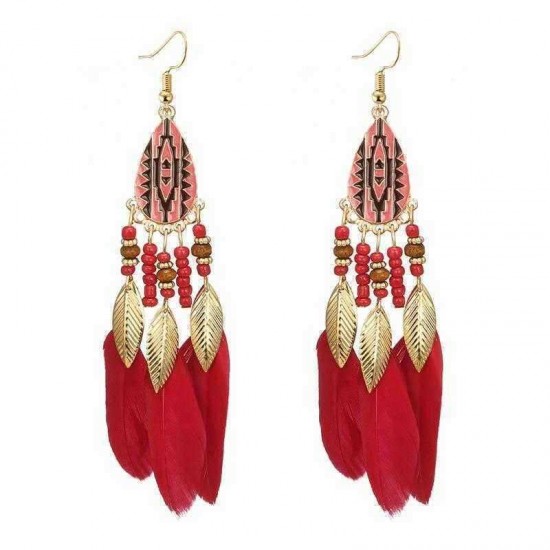 Bohemian Feather Drop Earrings Long-Style Tassels Earring Retro Women Ear Drop