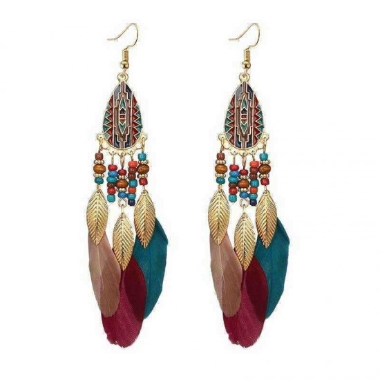 Bohemian Feather Drop Earrings Long-Style Tassels Earring Retro Women Ear Drop