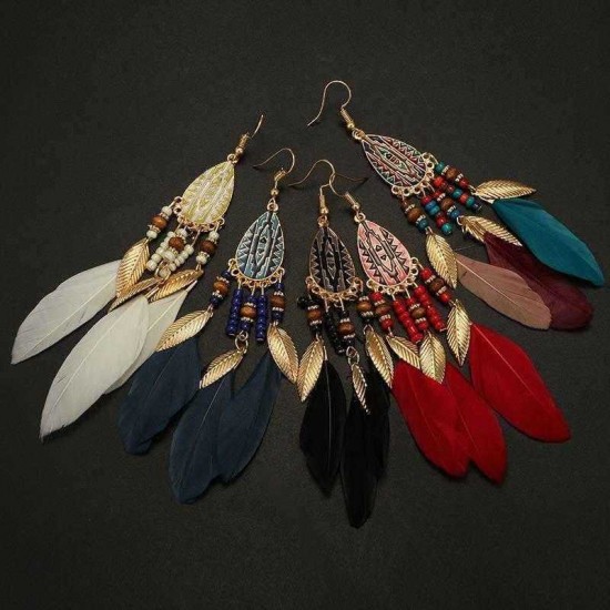 Bohemian Feather Drop Earrings Long-Style Tassels Earring Retro Women Ear Drop