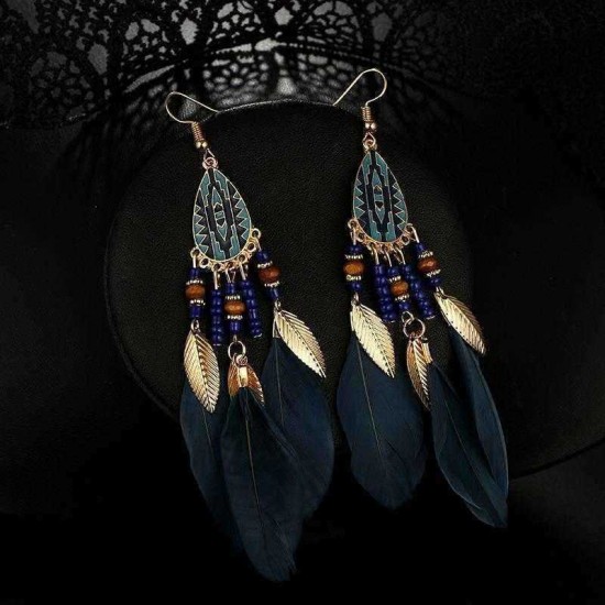 Bohemian Feather Drop Earrings Long-Style Tassels Earring Retro Women Ear Drop