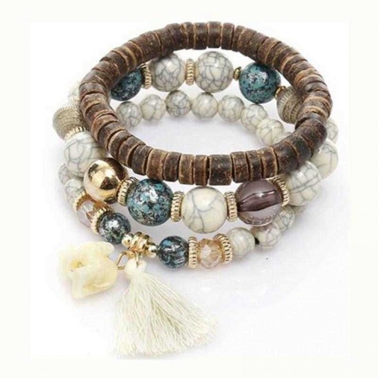 Bohemian Multi-Layer Wooden Tassels Bracelet Cutely Elephant Beaded Bracelet