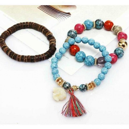 Bohemian Multi-Layer Wooden Tassels Bracelet Cutely Elephant Beaded Bracelet