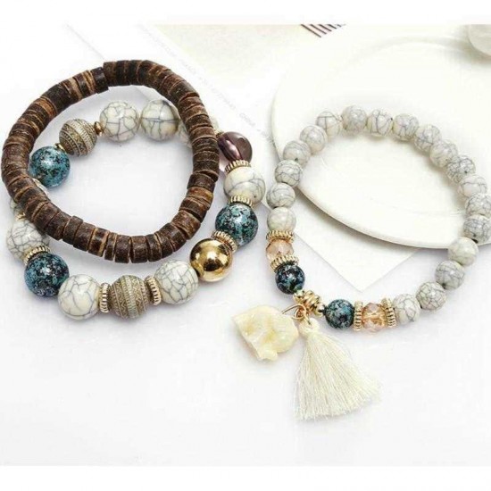 Bohemian Multi-Layer Wooden Tassels Bracelet Cutely Elephant Beaded Bracelet