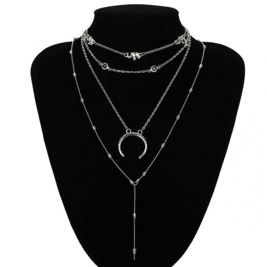 Bohemian Multi-layer Pendant Long Necklace Moon Rhinestone Chain Charm Necklace for Women