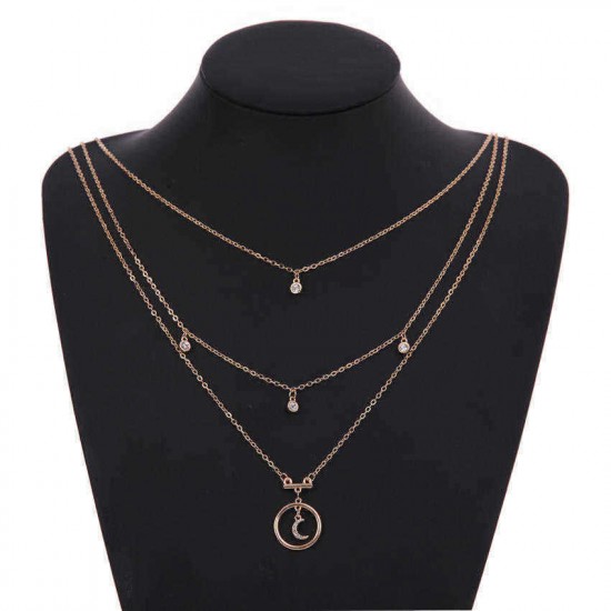 Bohemian Multilayer Chain Necklace Moon Geometric Rhinestone Charm Necklace Ethnic Jewelry for Women