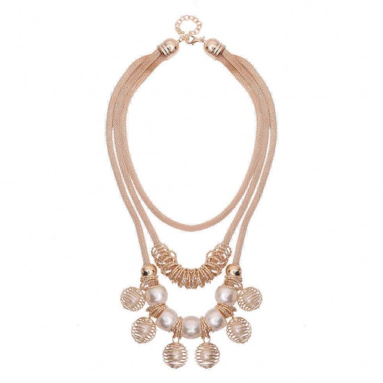 Bohemian Multilayer Gold Artificial Pearl Hollow Ball Unique Style Necklace Party Gift for Women