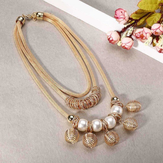 Bohemian Multilayer Gold Artificial Pearl Hollow Ball Unique Style Necklace Party Gift for Women