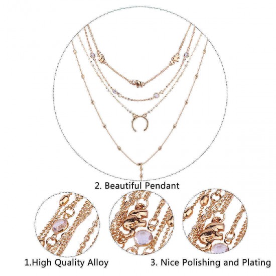 Bohemian Multilayer Moon Pendant Necklace Fashion Rhinestone Chain Charm Necklace Trendy Jewelry