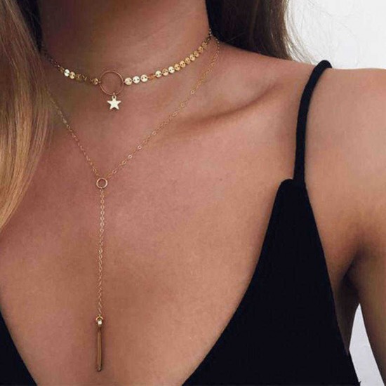 Bohemian Multilayer Necklace Star Bar Tassel Pendant Fashion Paillette Chain Necklace for Women