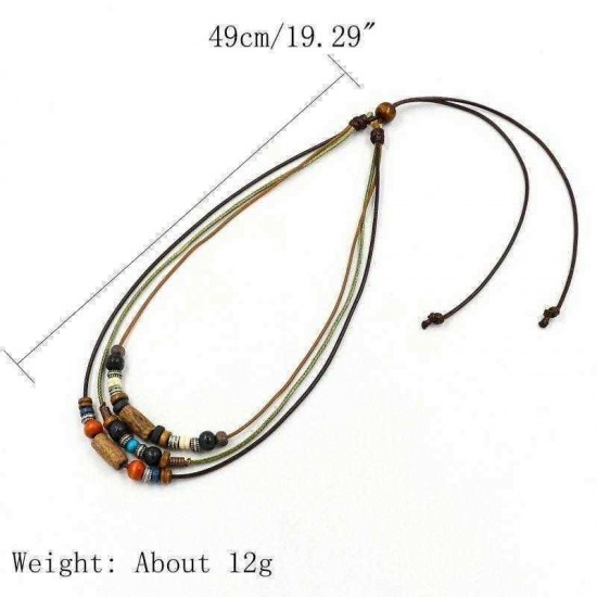 Bohemian Multilayer Necklace Wax Rope Alloy Wood Beaded Sweater Necklace Ethnic Jewelry for Women